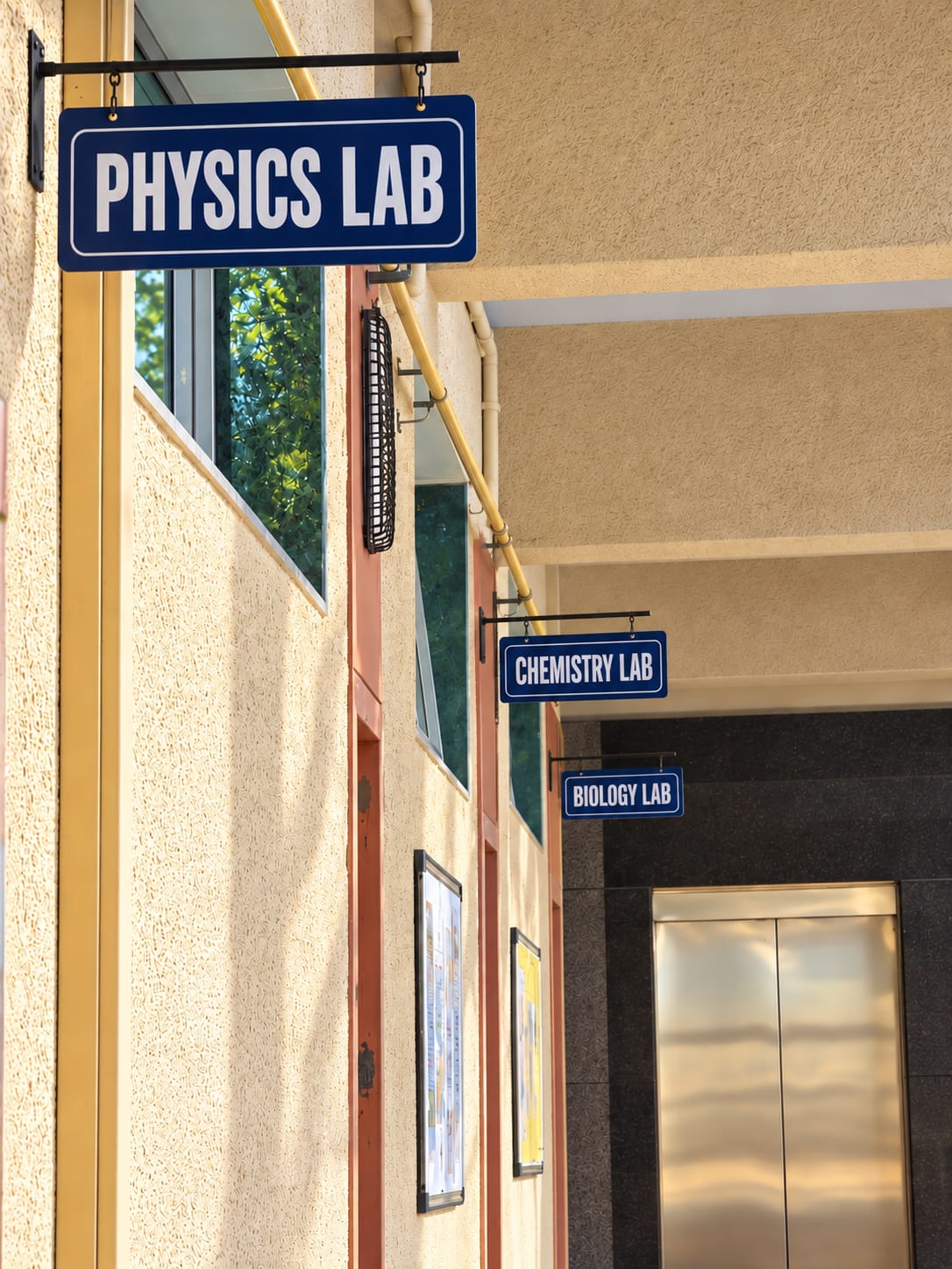 Signs for the Physics, Chemistry and Biology laboratories at North Point School