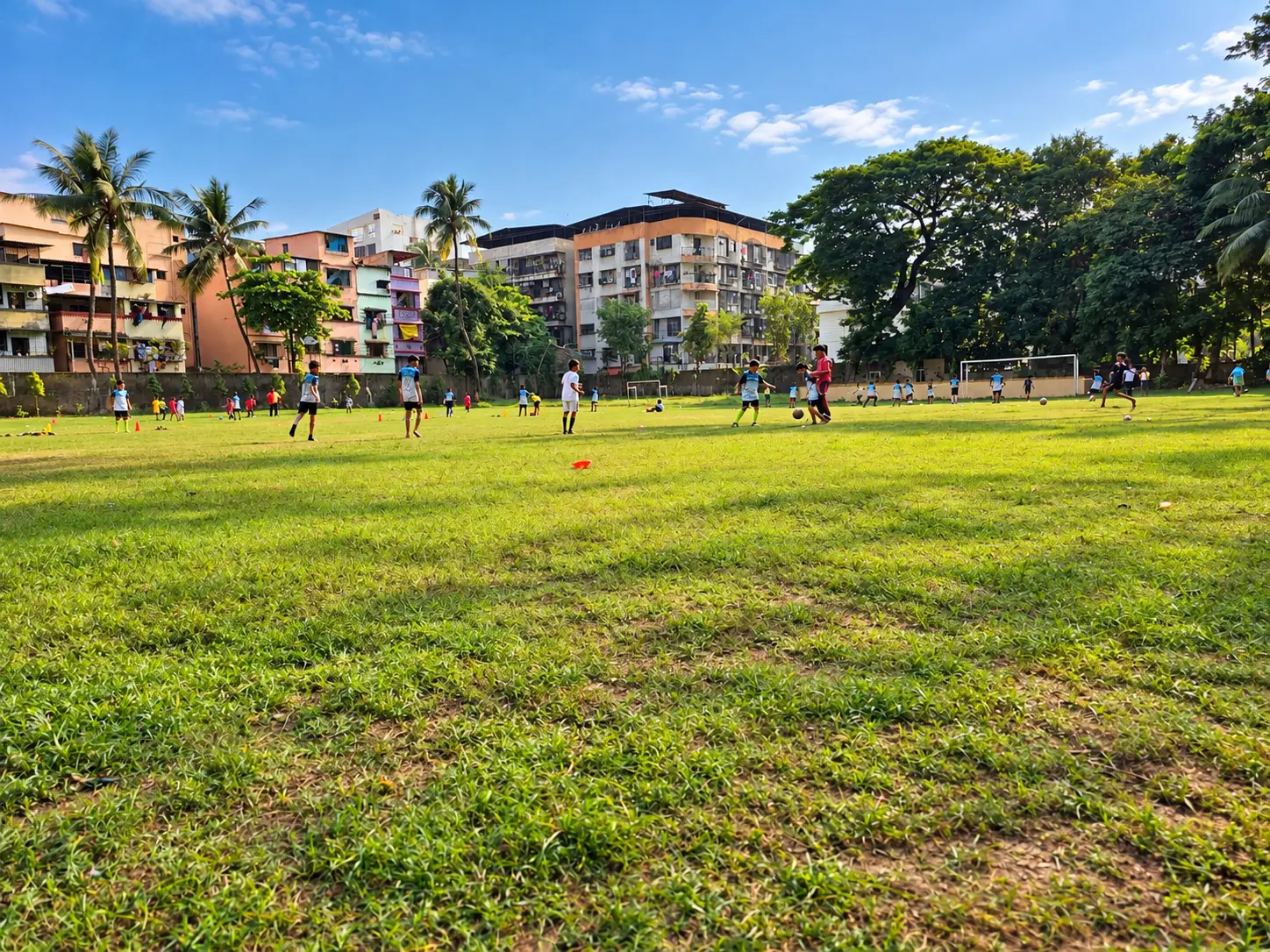 North Point School students playing football on the school sports ground, with trees and surrounding buildings